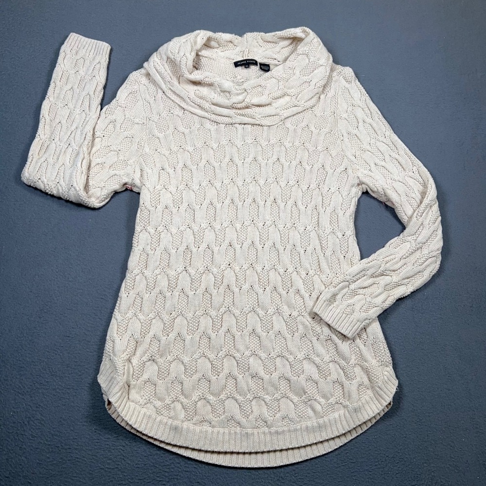 Jeanne Pierre Sweater Womens XL Cream Cowl Neck Cable Knit Cotton Curved Hem